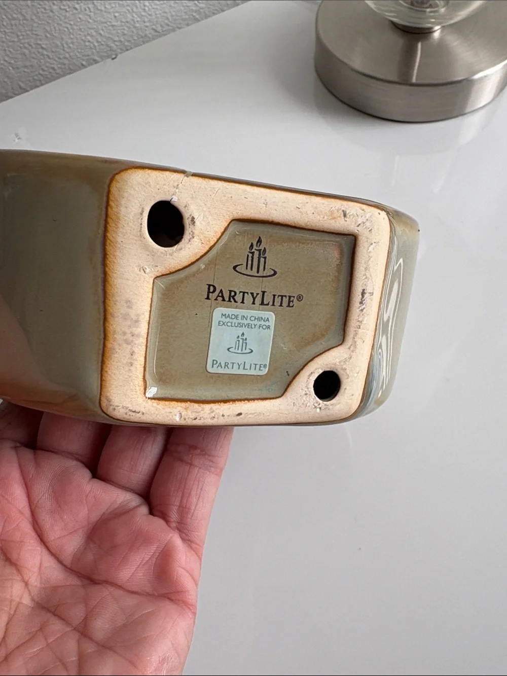 Ceramic Tea Light Oil Warmer in Green-Brown Glaze -PartyLite - Picture 5 of 5